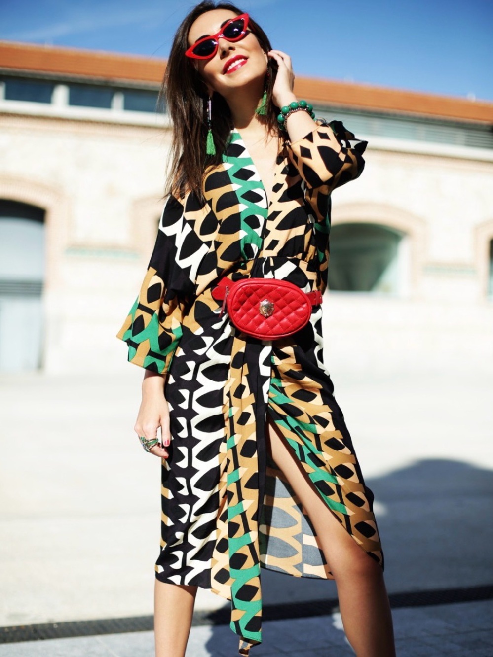 Zara Kimono Dress with Geometric Print in Black, Tan & Green